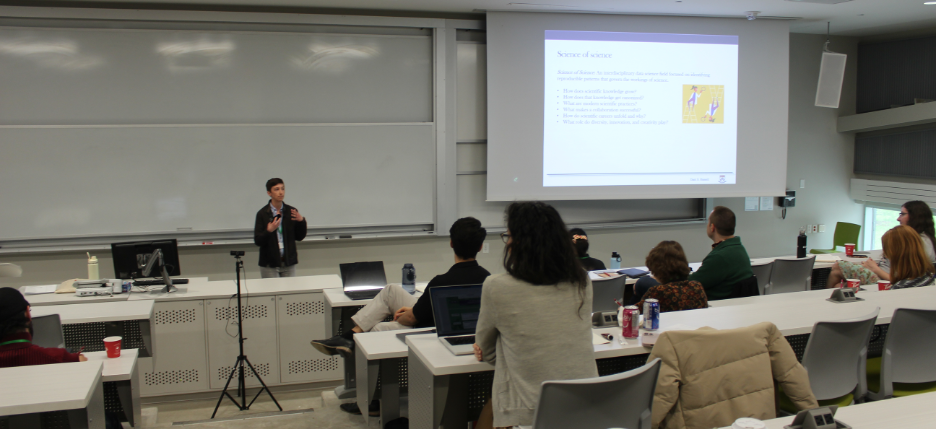 Dani S. Bassett lectures in classroom