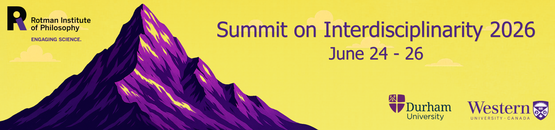 Mountain summit with clouds, event title and details, organizers