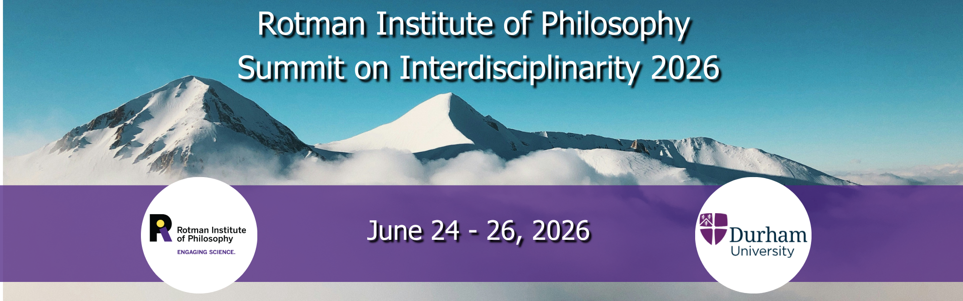 Mountain summit with clouds, event title and details, organizers