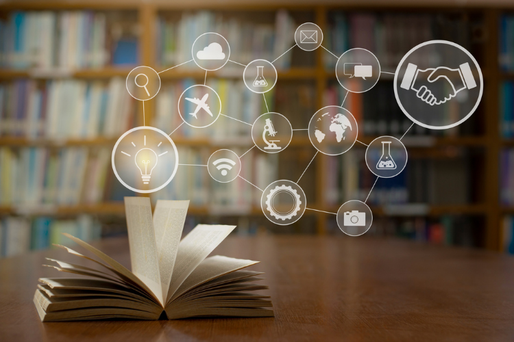 Thought bubbles over book in library