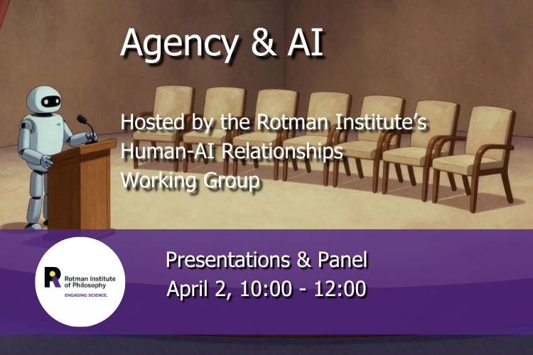 Title and event details, robot at podium in front of empty chairs