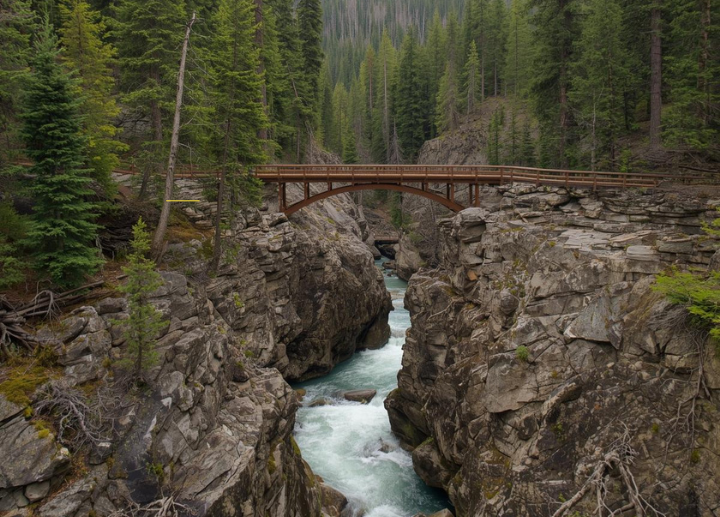 river and wilderness, bridge crosses ravine